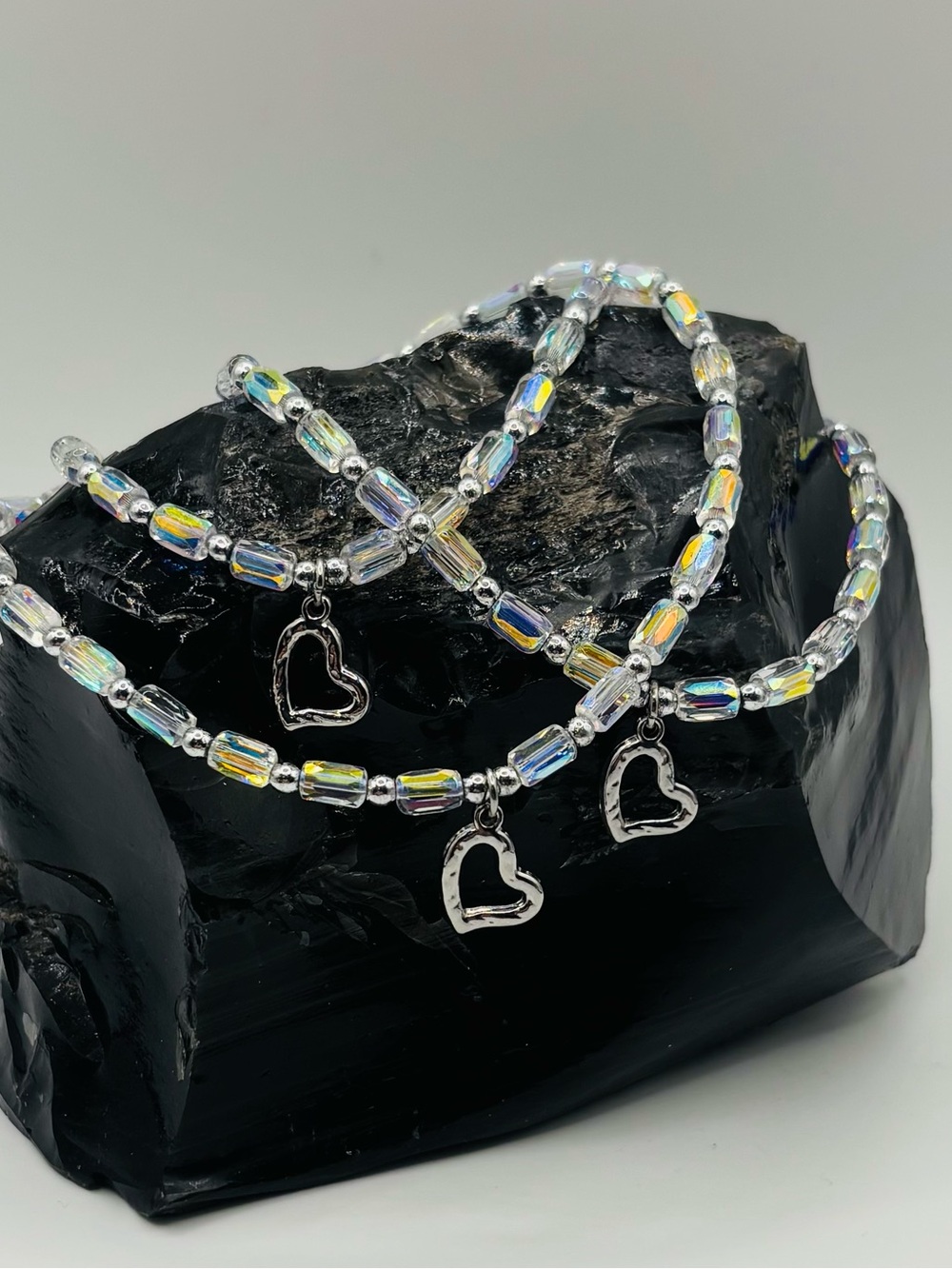 *Anklet* S. Steel Silver Heart & AB Crystal Stretchy Ankle Bracelet